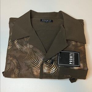 Pronti Casual Button Down Brown/Metallic Zebra Print Size Large NWT